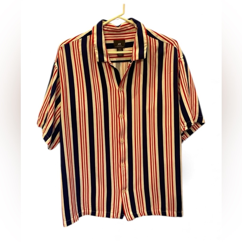 H&M Relaxed Fit‎ Men’s XL Button Down Red White Blue Short Sleeve Americana